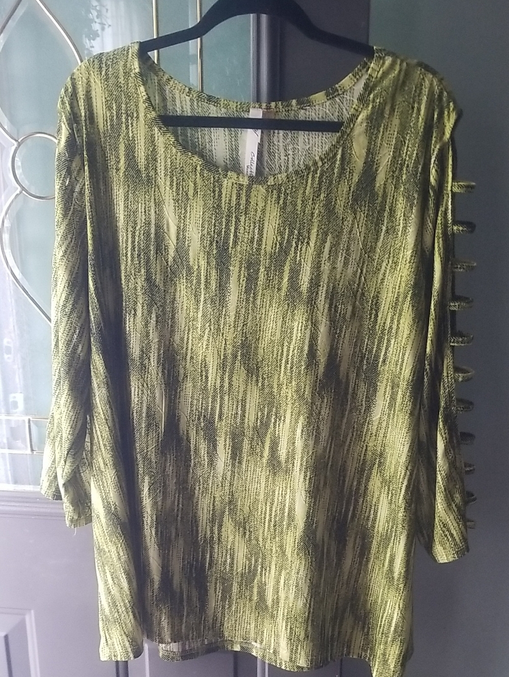 NY Collection Olive Green and Black Printed Blouse